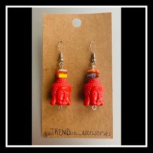 Buddha Head&Glass Bead Handmade Drop Down Earrings